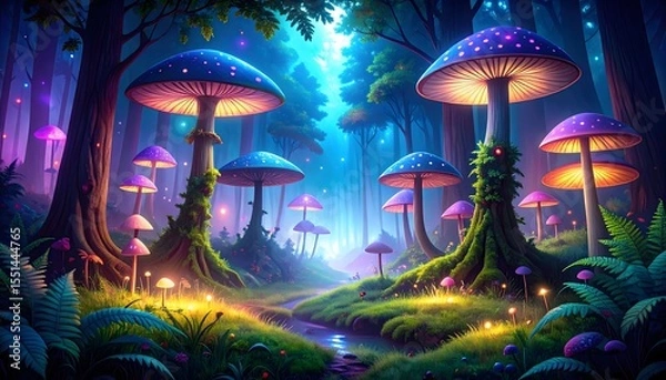Obraz Enchanted glowing mushroom forest fantasy landscape high resolution photo