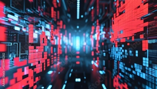 Obraz Futuristic digital corridor with red blocks high resolution photo