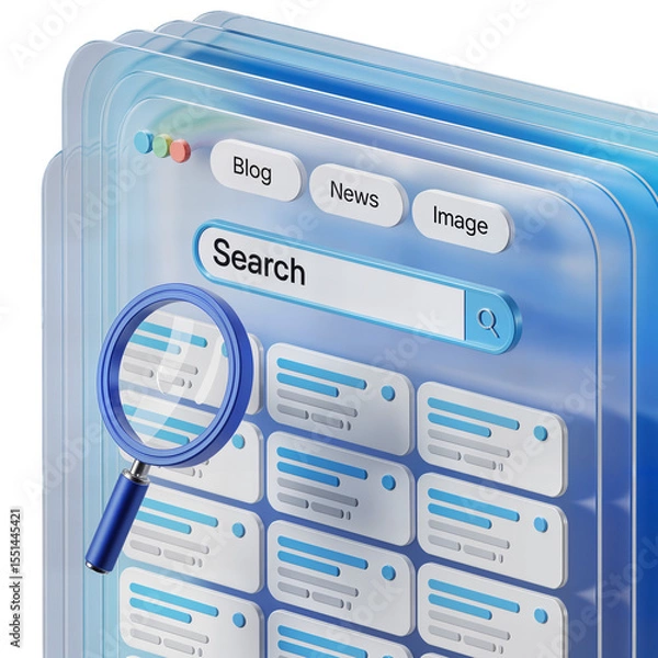 Fototapeta 3D search content PNG icon isolated on transparent background – magnifying glass, blog, and news blocks for SEO and content discovery.
