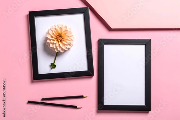Fototapeta Frame mockup with flower and pencils on pink background flat lay