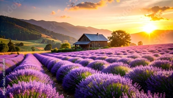 Obraz Lavender field at sunset mountain view high resolution photo