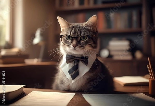 Obraz A very stylish and elegant cat, wearing a charming bow tie and fashionable glasses, relaxes in a cozy library