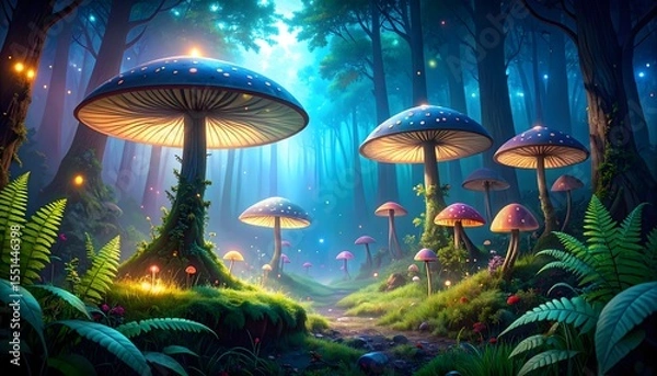 Obraz Magical mushroom world with glowing lights high resolution photo