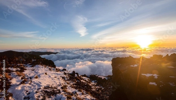 Obraz Mountain sunrise above clouds with snow high resolution photo