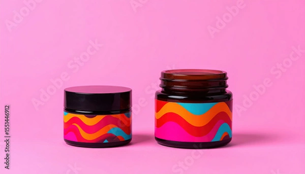 Fototapeta Two jars with colorful labels on a pink background product shot
