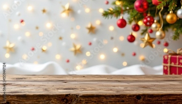 Fototapeta A photo of a glittering christmas holiday background featuring an empty wooden table in the foreground
