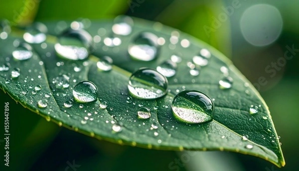 Obraz Shiny water beads on leaf veins high resolution photo