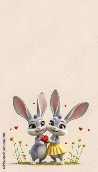 Fototapeta Adorable cartoon rabbits with pink noses surrounded by red hearts and yellow flowers on a soft beige background