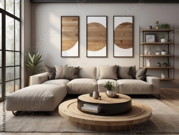 Fototapeta White sofa with fringed pillows and knitted blanket. Boho home interior design of modern living room