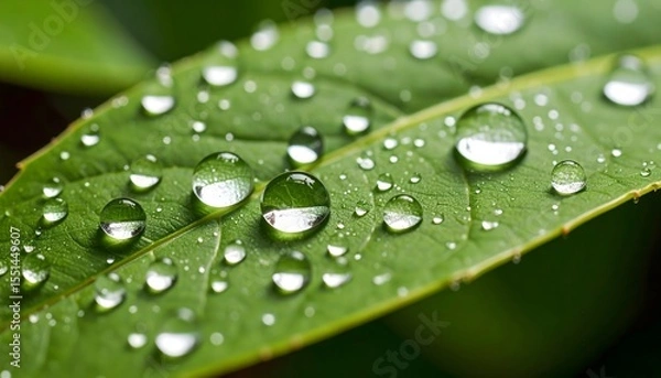 Obraz Water droplets on green leaf surface high resolution photo