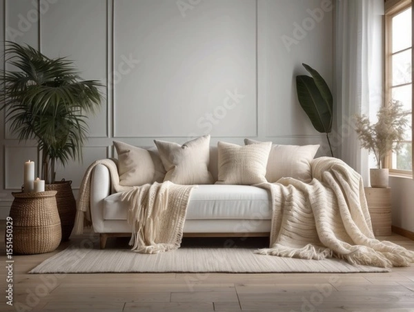 Fototapeta White sofa with fringed pillows and knitted blanket. Boho home interior design of modern living room