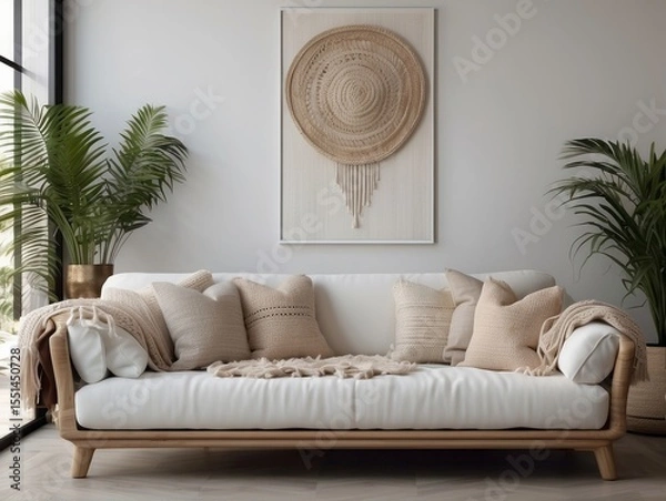 Fototapeta White sofa with fringed pillows and knitted blanket. Boho home interior design of modern living room