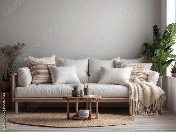 Fototapeta White sofa with fringed pillows and knitted blanket. Boho home interior design of modern living room