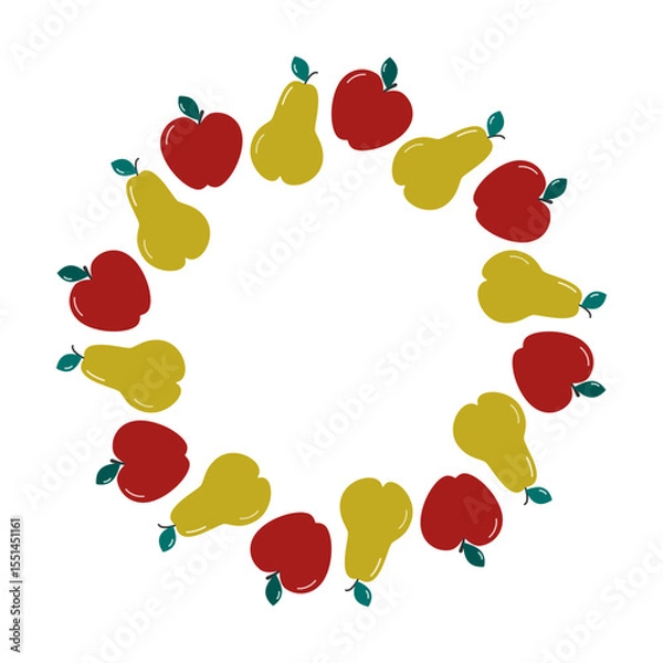 Fototapeta Hand drawn Minimalist Red Apple and Pear Circular Autumn Holidays Frame Border Copy space Template