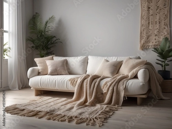 Fototapeta White sofa with fringed pillows and knitted blanket. Boho home interior design of modern living room