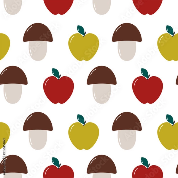 Fototapeta Hand Drawn Mushroom Red and Green apple with leaf Seamless Pattern Harvest Thematic Background idea