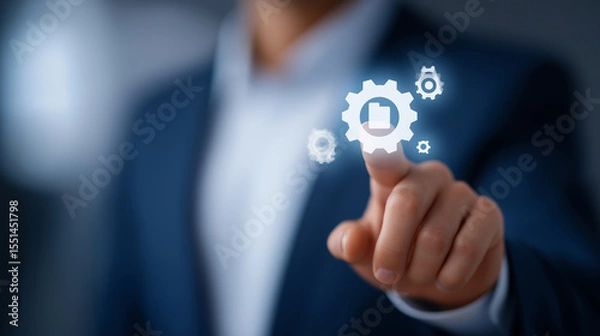 Fototapeta Document Management System Concept with Businessman and Virtual Icons