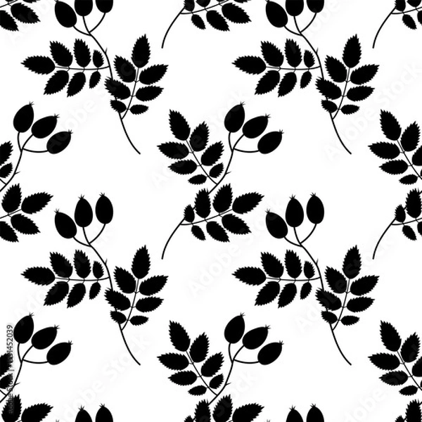 Fototapeta Hand Drawn Silhouette Rose hips on branch with leaves Seamless Pattern Botanical Minimalist Backdrop