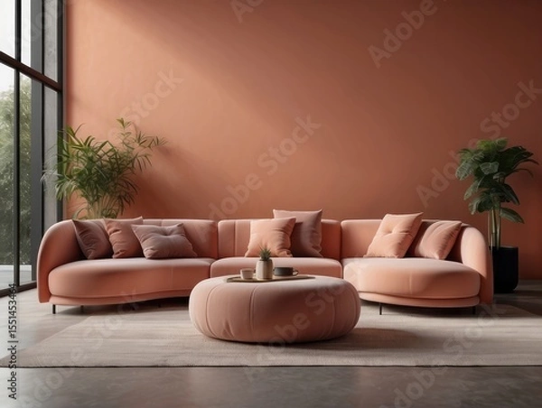 Fototapeta Curved sofa, ottoman and armchair against coral wall with copy space. Japanese style home interior