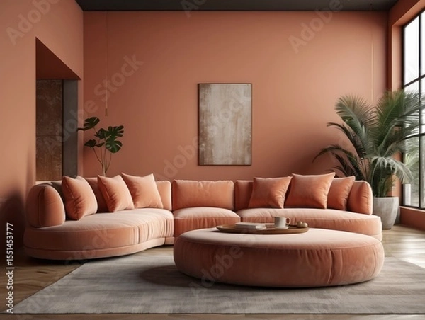 Fototapeta Curved sofa, ottoman and armchair against coral wall with copy space. Japanese style home interior