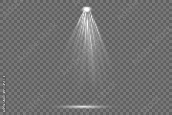 Fototapeta Set of spotlight shines on the stage, scene, podium. Bright lighting with spotlights. Spot lighting of the stage. Lens flash light effect from a lamp or spot.