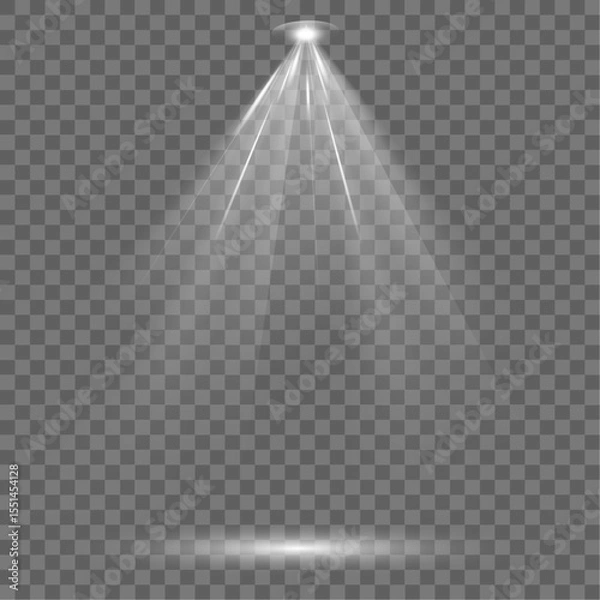 Fototapeta Set of spotlight shines on the stage, scene, podium. Bright lighting with spotlights. Spot lighting of the stage. Lens flash light effect from a lamp or spot.
