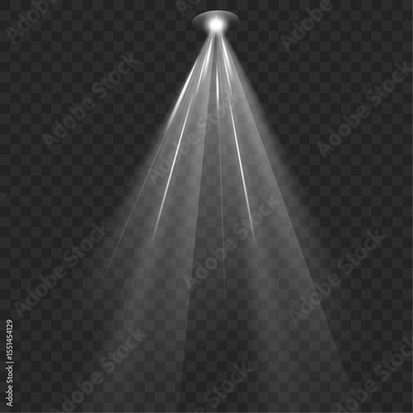 Fototapeta Set of spotlight shines on the stage, scene, podium. Bright lighting with spotlights. Spot lighting of the stage. Lens flash light effect from a lamp or spot.
