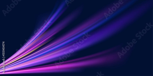 Fototapeta Panoramic high-speed technology concept with abstract light trails and glowing neon colors in blue, yellow, and orange, representing the rapid motion and energy in a futuristic environment.