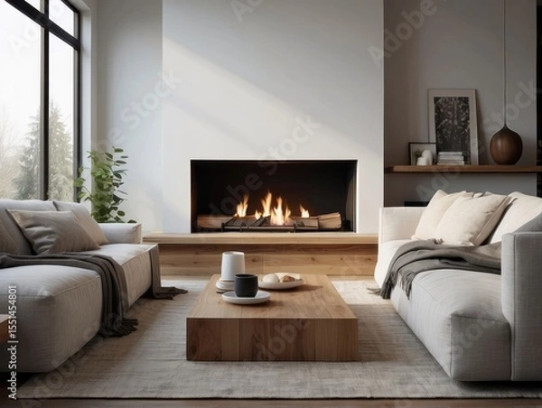 Fototapeta White sofa with blanket and wooden coffee table against fireplace with firewood stack