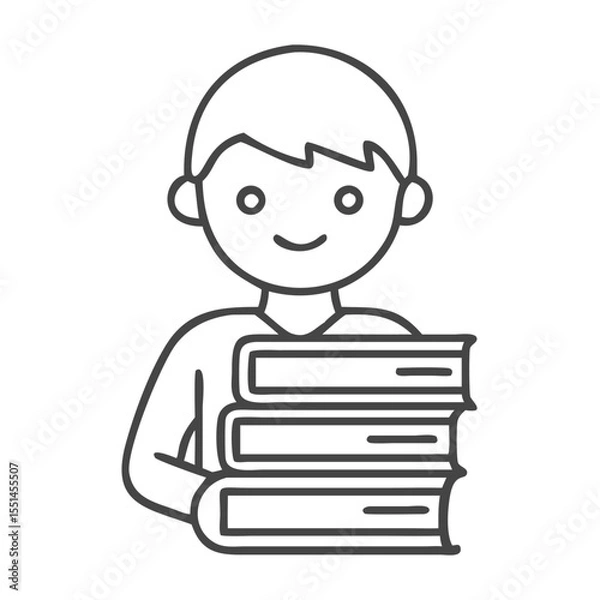Fototapeta A young boy happily holding three stacked books, showcasing enthusiasm for reading and learning.