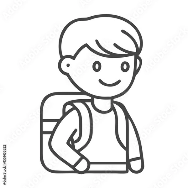 Fototapeta A cheerful young boy with a backpack, ready for school, showcasing a friendly expression and a casual outfit.