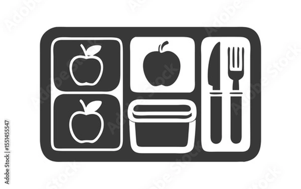 Fototapeta A stylized illustration of a food tray featuring multiple apple compartments, a dip container, knife, and fork.