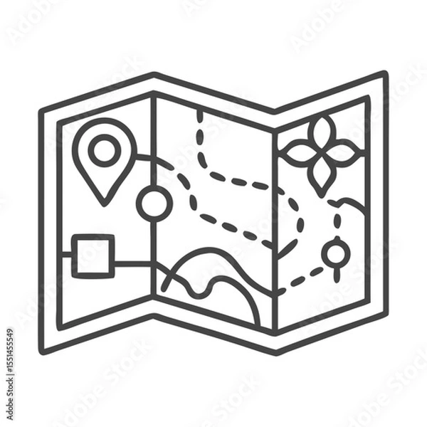 Fototapeta Illustration of a folded map featuring navigation symbols and routes.