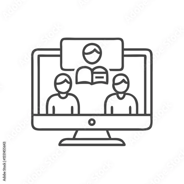 Fototapeta Illustration of a virtual classroom setting with two students and a teacher on screen, depicting online learning.