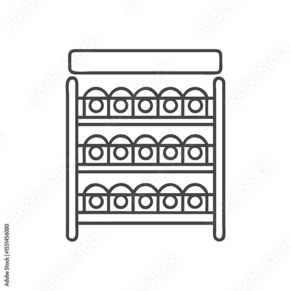 Fototapeta A simple outline of a multi-tiered shelf displaying a variety of round items, perhaps cans or jars, in a minimalistic design.