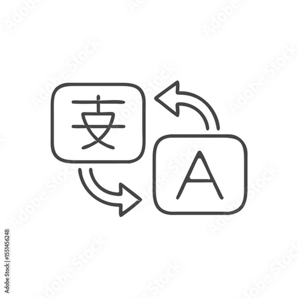 Fototapeta Graphic representation of language translation with symbols and letters, conveying a seamless communication process.