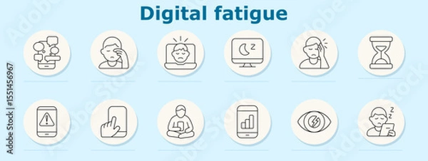 Fototapeta Digital fatigue set icon. Shows chat overload, eye strain, screen alert, night screen, headache, hourglass, mobile alert, tap screen, sitting with device, data bar, eye damage, sleepiness