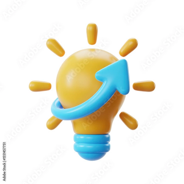 Obraz Stylized 3d illustration of a glowing yellow light bulb with a blue upward trending arrow wrapped around it symbolizing innovation and growth