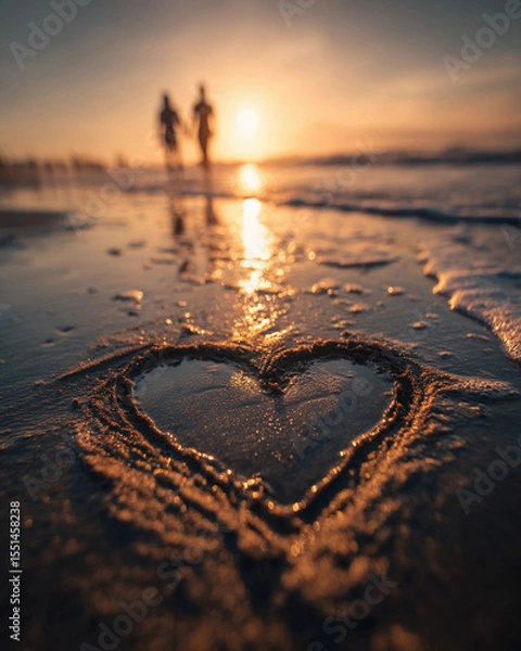 Obraz Heart sign drawn on wet sand on blurred sea beach background. Seaside holiday and travel concept. For Valentine's Day. Seascape view for wallpaper, poster