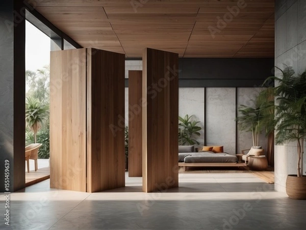 Fototapeta Minimalist interior design of modern rustic entrance hall with with abstract wooden room divider