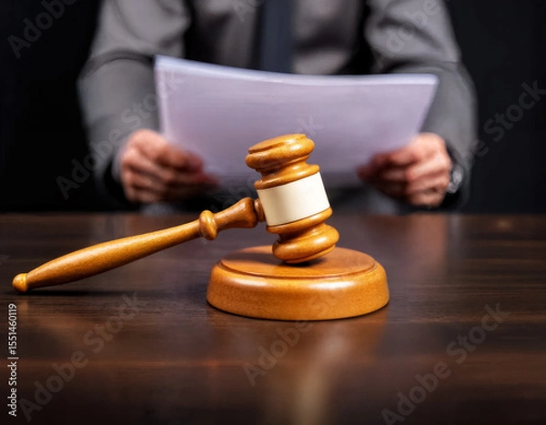 Obraz close up of male judge sitting at desk working with papers