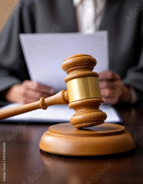 Obraz judge working with documents and wooden gavel on table