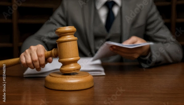 Obraz judge holds documents in one hand and a wooden gavel in the other