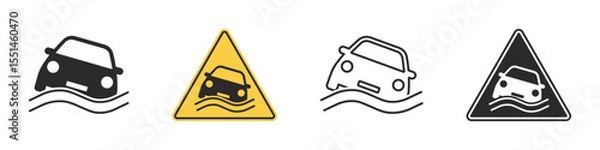 Obraz Set of warning signs flooding hazard. Car submerged in water, flood street and a flood road, yellow triangular warning sign. Emergency situation, danger of falling car in sea. Vehicle in water. Vector