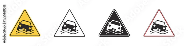 Obraz Set of warning signs flooding hazard. Car submerged in water, flood street and a flood road, yellow triangular warning sign. Emergency situation, danger of falling car in sea. Vehicle in water. Vector