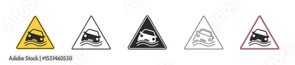 Obraz Set of warning signs flooding hazard. Car submerged in water, flood street and a flood road, yellow triangular warning sign. Emergency situation, danger of falling car in sea. Vehicle in water. Vector