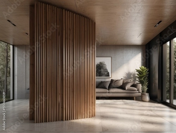 Fototapeta Minimalist interior design of modern rustic entrance hall with with abstract wooden room divider