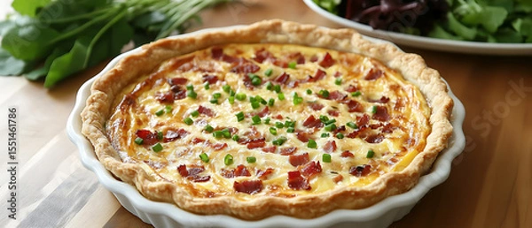 Fototapeta Freshly Baked Quiche with Crispy Bacon and Chives