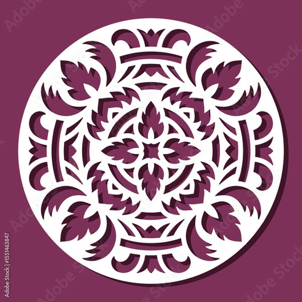 Fototapeta Round stencil with floral ornament. Lace white napkin, mandala, oriental pattern, decorative element of interior. Vector template for plotter laser cutting of paper, wood carving, metal engraving, cnc