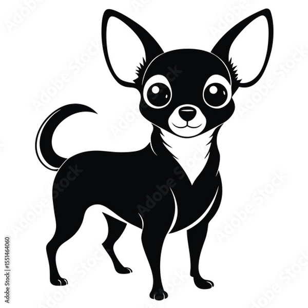 Fototapeta Stylized Black and White Chihuahua Illustration with Big Eyes and Ears Standing on a White Background